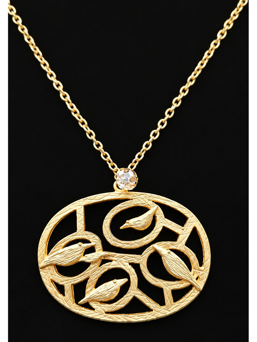 Vintage Gold Tone Women's Necklace Oval Bird Pendant Clear Rhinestone Nature